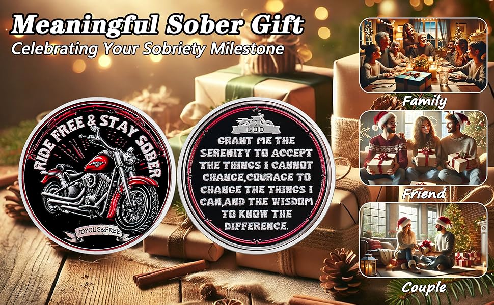 Vintage Red Motorcycle Sobriety Coin Celebrating Recovery with AA Chips and Medallions