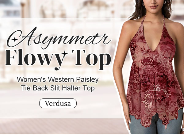 Verdusa Women's Western Paisley Tie Back Slit Halter Top