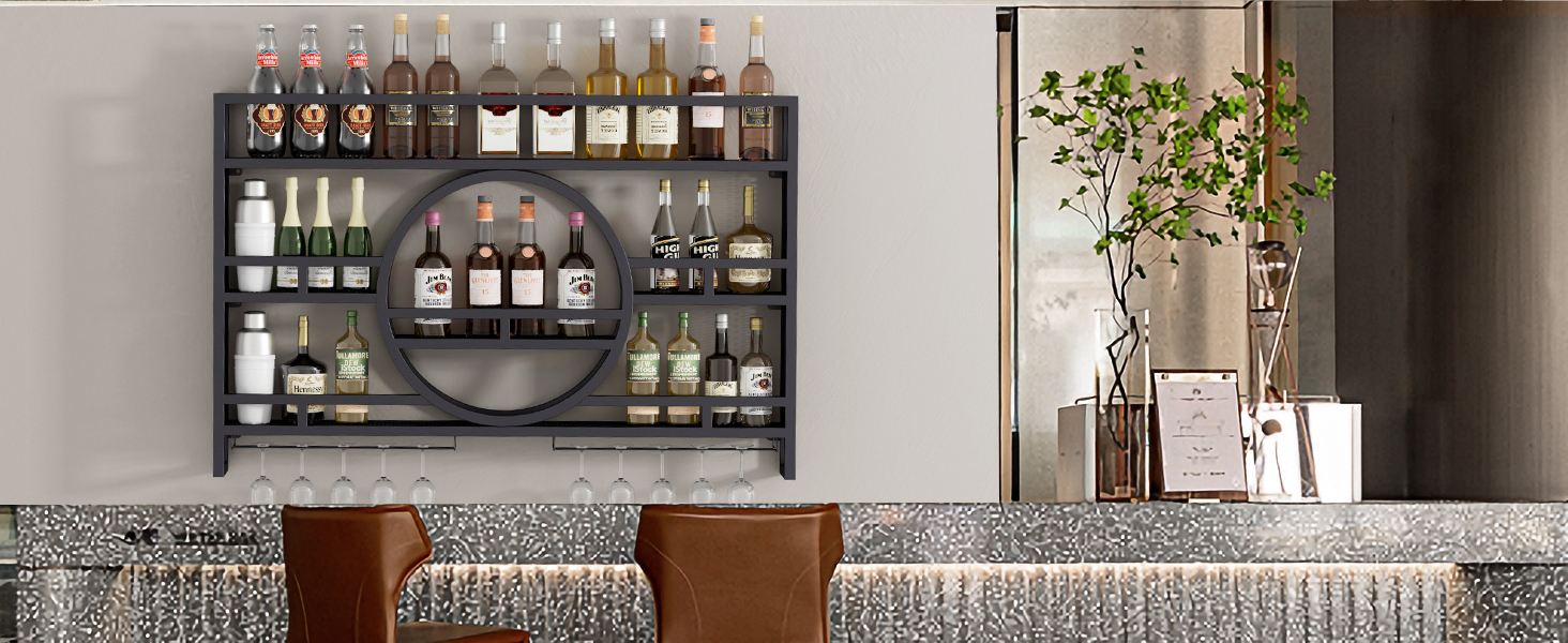 3Tiers 39in Wine Rack Wall Mounted, Floating Bar Shelves