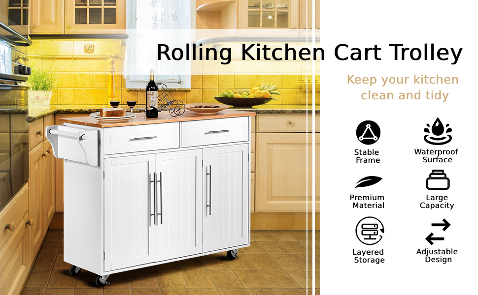 CASART Rolling Kitchen Cart, Luxury Kitchen Trolley with 2 Drawers and
