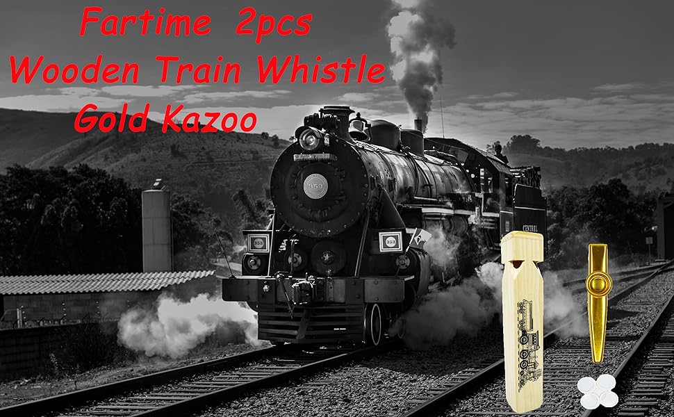 Fartime 2Pcs-Wooden Train Whistle and Gold Kazoo for Music Instrument Gifts Wood Musical Toys