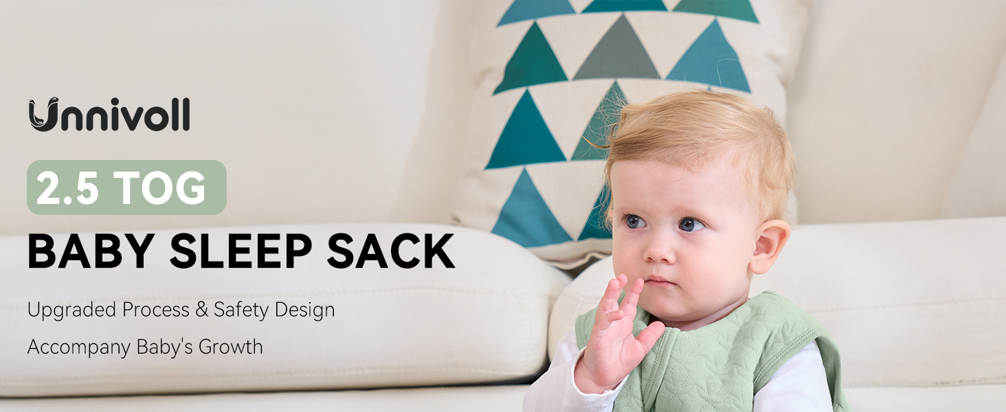 Unnivoll 2,5 TOG Baby Sleep Sack Produktbild zeigt Verpackung und Produktdetails für den Säuglingsschlafsack
