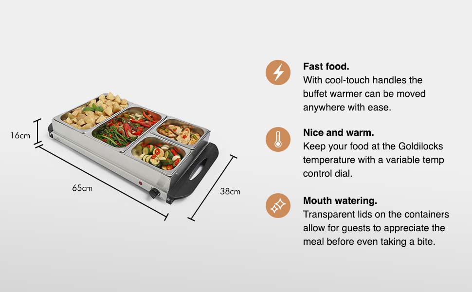 fast food with cool touch handles, variable temperature control dial, transparent lids on the trays.