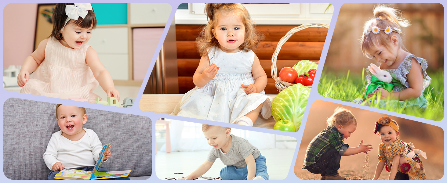 Collage von Bildern, die Kinder bei verschiedenen Aktivitäten zeigen, mit einer Bildunterschrift, die Produktvorführungen zeigt.