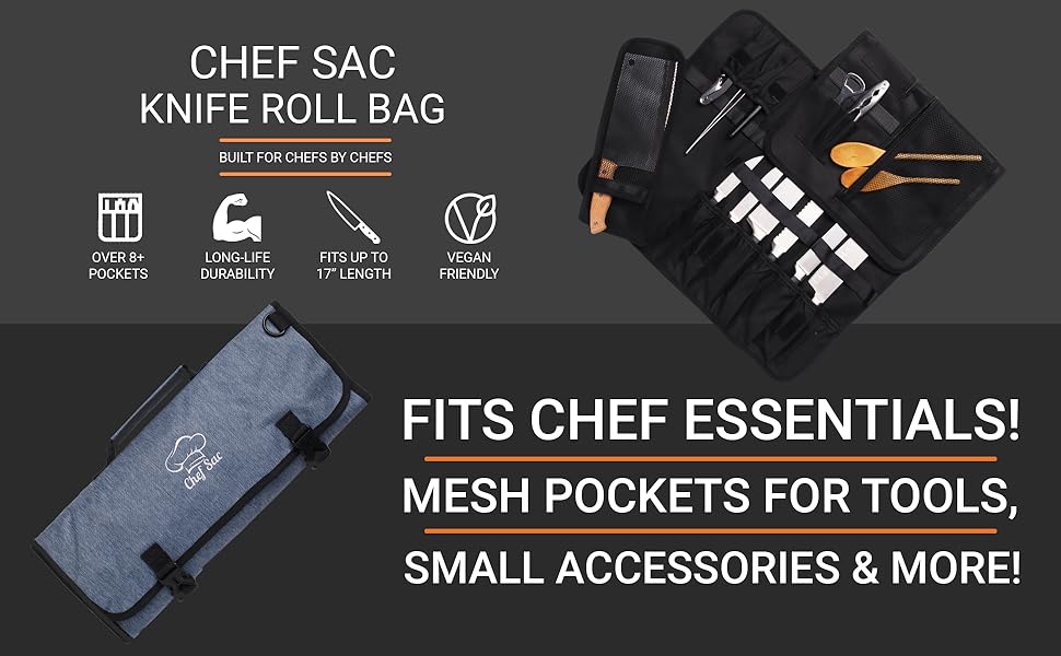 Chef Knife Roll Bag 8+ Slots for Knives & Kitchen Tools Water