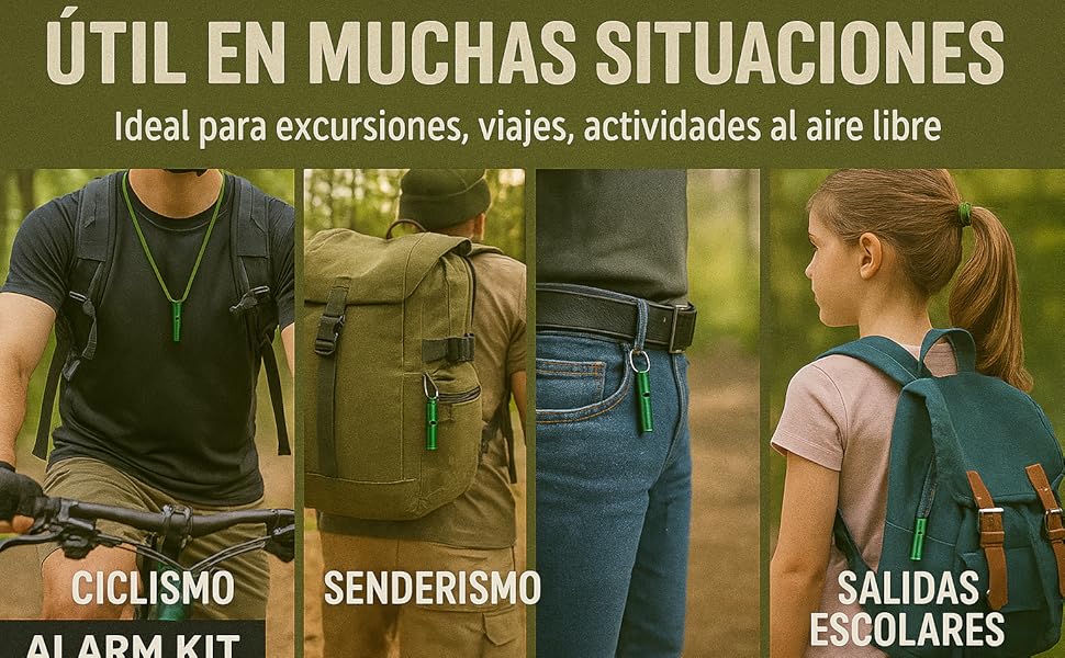 El texto dice «ÚTIL EN MUCHAS SITUACIONES» con iconos que muestran actividades al aire libre como «CICLISMO», «SENDERISMO» y «SALIDAS ESCOLARES». Pantalla publicitaria con imágenes de actividades al aire libre.