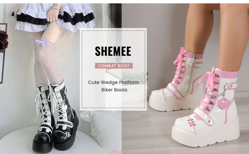 靴 Semantic design white boots emo y2k Amazon.com | SHEMEE Cute Wedge Platform Biker Boots for