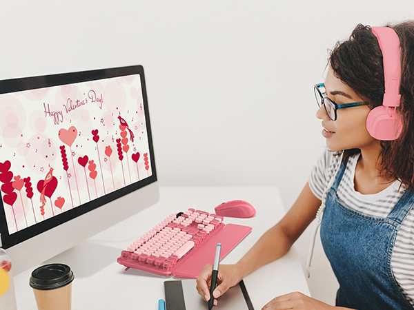Pink Retro Typewriter Keyboard and Mouse Combo for Girls Special gifts on Valentine&#39;s Day