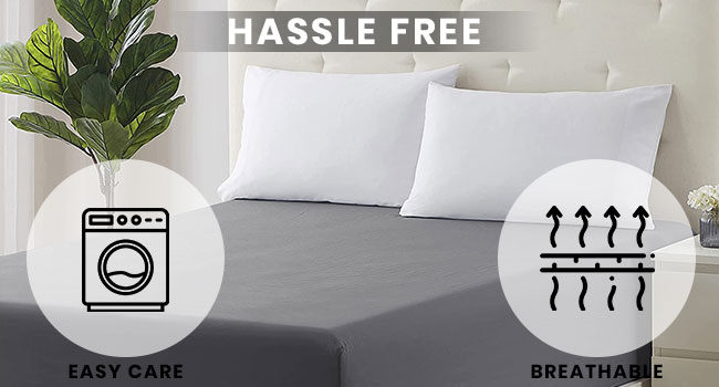 Infographic showcasing bedding features. Left icon indicates machine washable ('EASY CARE'). Right icon shows airflow, labeled 'BREATHABLE'. White pillows and gray sheet visible.