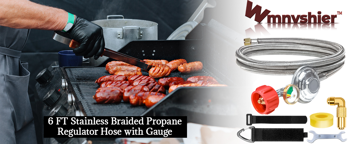 6Ft Stainless Braided Propane Regulator Hose with Gauge
