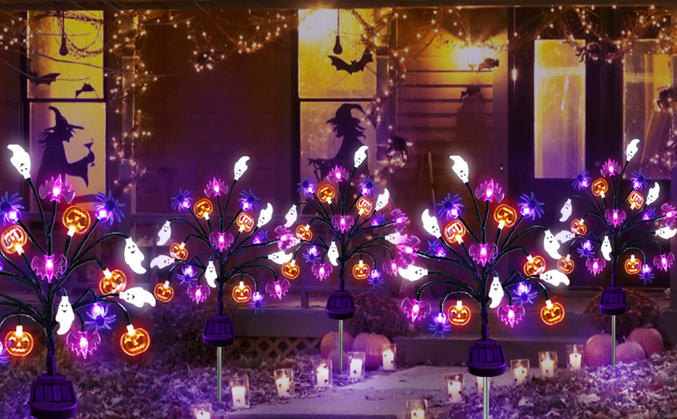 Homeleo 2Packs Solar Halloween Decorations Outdoor, 20 LED Spider Ghost