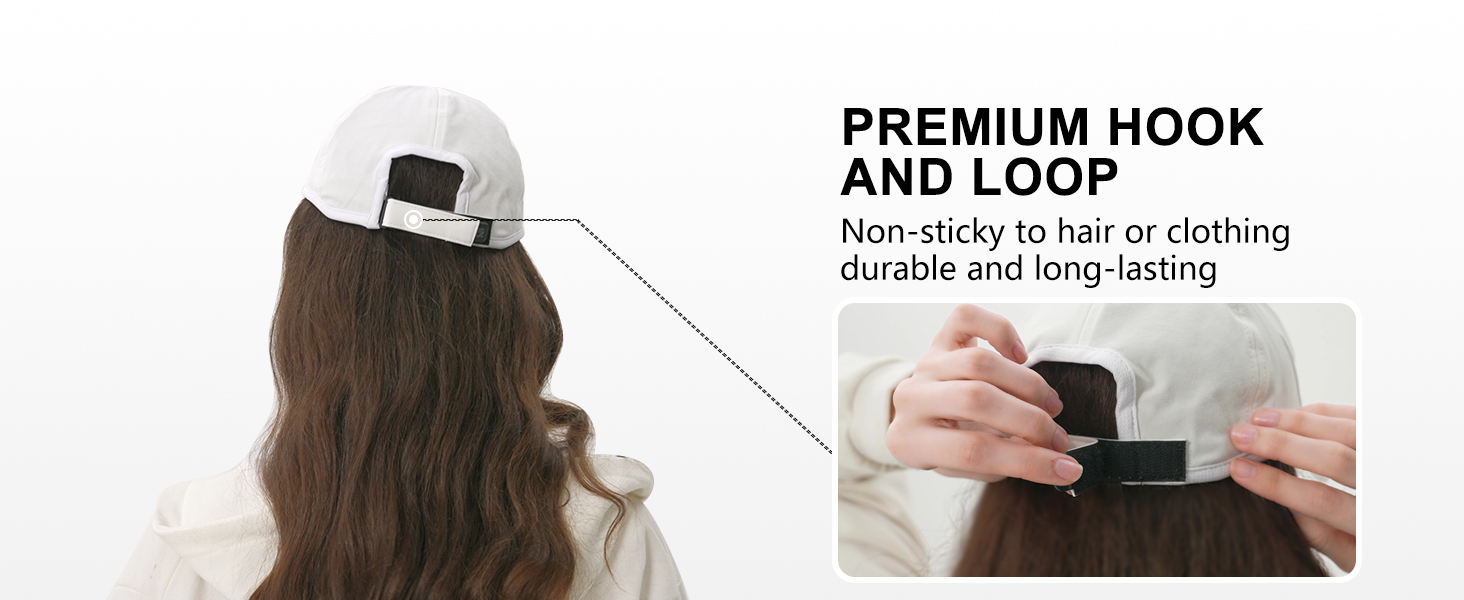 Mens and womens ball cap with hook and loop non-sticky to hair or clothing durable and long lasting