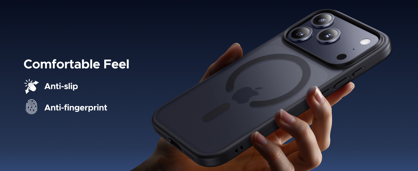 Text reads 'Comfortable Feel' and 'Anti-fingerprint'. Dark blue surface or device with smooth, matte finish suggesting anti-fingerprint technology.