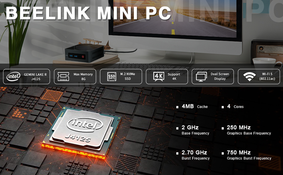 Beelink Mini PC GK Mini Windows 11 Pro Intel J4125 Processor(up to 2