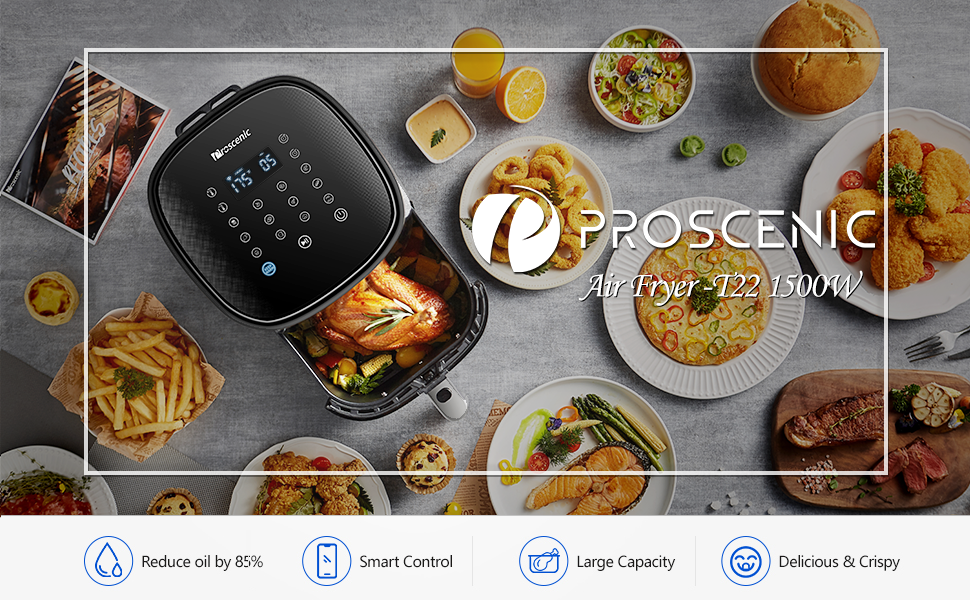 Proscenic T22 Air Fryer With 13 Presets & Shake Reminder, Oil Free Air Fryer 5L, Low-Noise, Compatible With APP & Alexa, 100+ Online Recipes, LED Touch Screen, Non-Stick Basket, 1700W 12 air fryers
