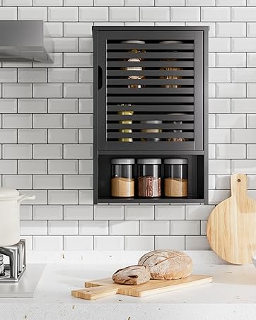 Sequence showing a wall-mounted storage unit with black metal frame against white tile background, displaying various kitchen items and wooden accessories.