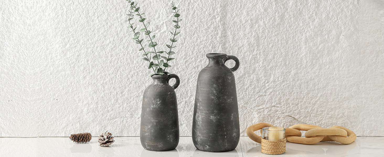 Ceramic Farmhouse Vase, 10" Black Rustic Decor Vase