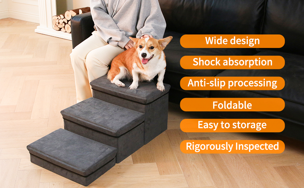 Foldable Dog Stairs/Steps 3Tier Pet Steps Storage and Adjustable Steps for Small Medium Dogs
