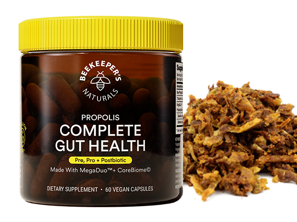 Propolis contains over 300 beneficial compounds, including antioxidants, vitamin C, zinc, & iron.