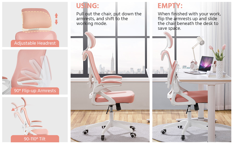 Ergonomic office chair with pink upholstery, adjustable headrest, 90° flip-up armrests, and 90-110° tilt. Shown in various positions for working and resting.