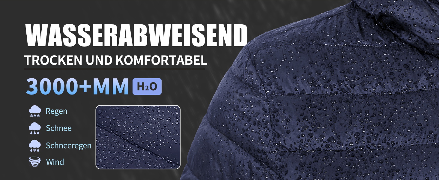 Der Text lautet „WASSERABWEISEND“ und „3000+MM H20". Produktbilder, auf denen das wasserfeste Material oder die Beschichtung zu sehen ist.