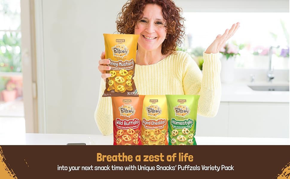 Unique Snacks Puffzels Variety Pack, Aged Cheddar, Wild