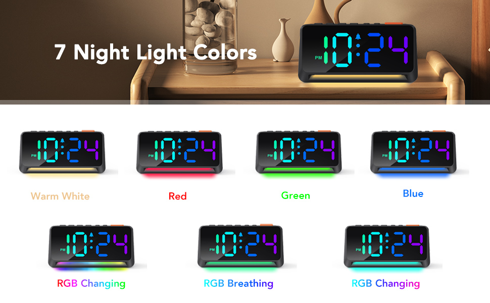 OCUBE Digital Clock with Night Light,Colorful Alarm Clocks Bedside