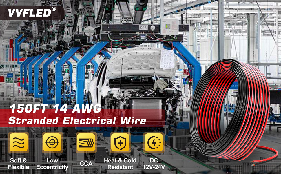 VVFLED 150ft 14 AWG stranded electrical wire shown in red and black, with icons indicating flexible, low eccentricity, CCA, heat resistant, and DC 12V-24V compatibility.