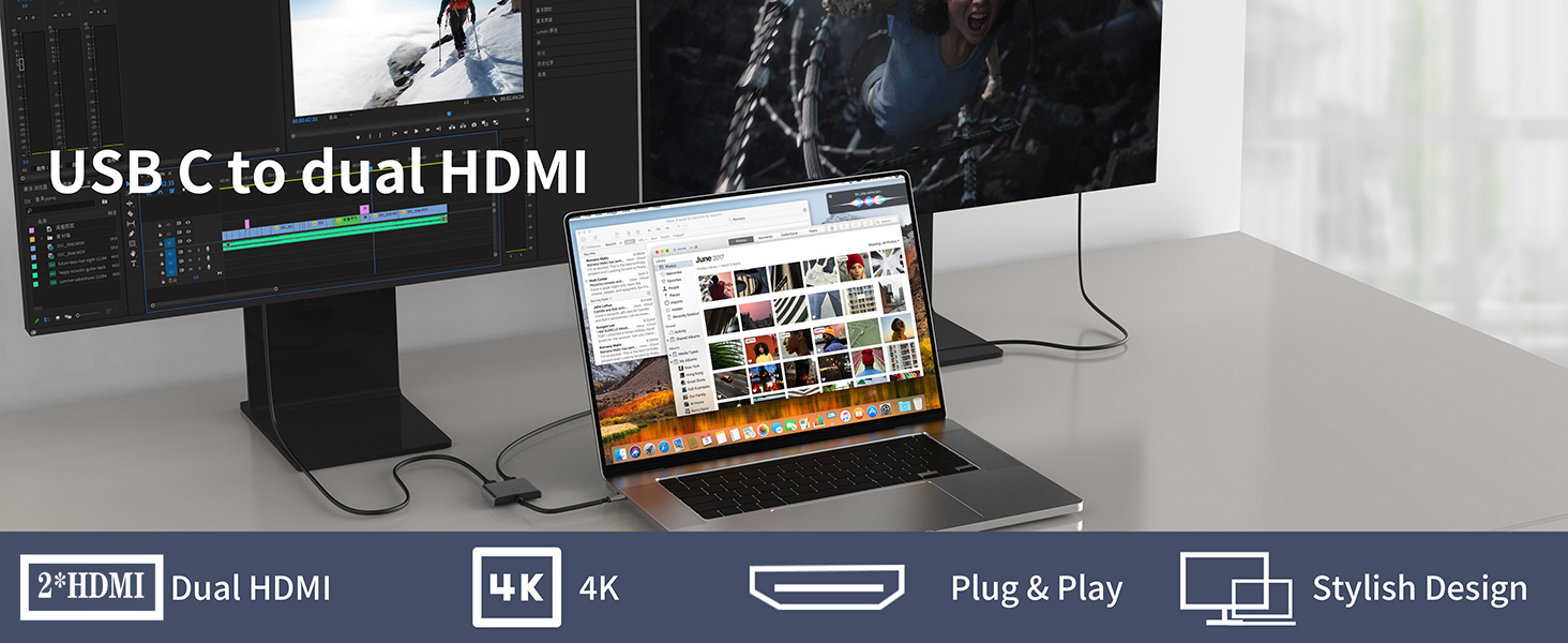 USB-C to Dual HDMI Adapter 4K @60hz,Type C to HDMI Converter