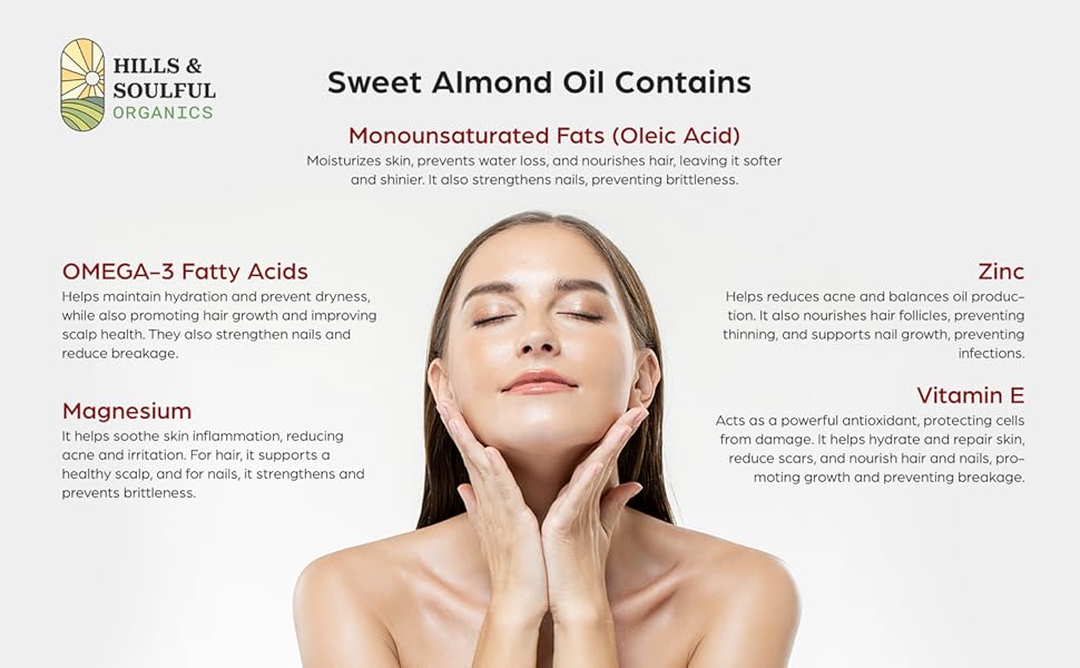 sweet almond oil benefits, omega 3 fatty acids, magnesium, zinc, vitamin e