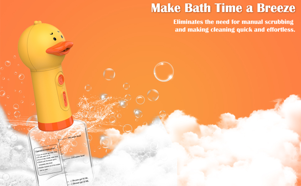 Yellow duck-shaped bath toy spraying water against orange background. Text claims it makes bath time easier by eliminating manual scrubbing.