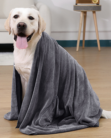 PETTOM 2 Pcs Dog Towel Quick Drying Absorbent Microfiber Dog Towel Artero, Bath Towels with Pockets for Small, Medium and Large Dogs, 90 x 50 cm 15 Un labrador retriever amarillo envuelto en una manta de felpa gris, sentado en un suelo de madera con una mesa auxiliar visible