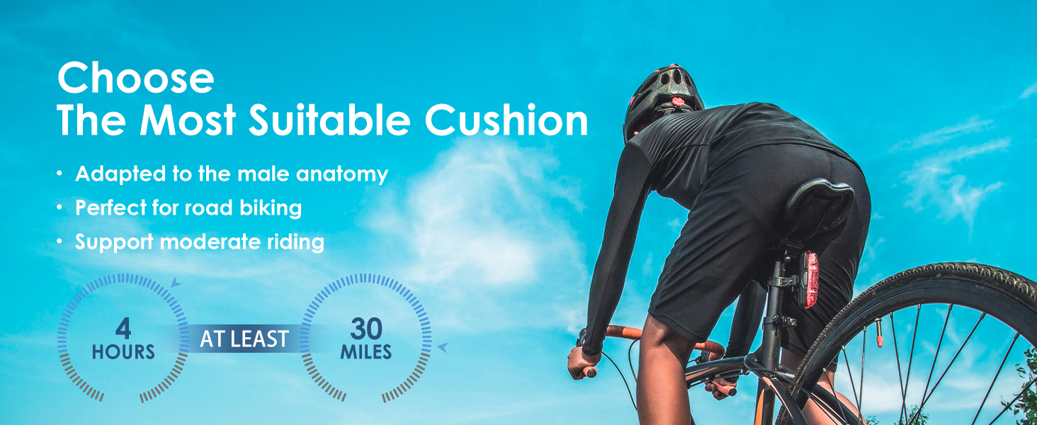 Bicycle cushion advertisement showing performance metrics: 4 hours, 30 miles durability. Features road bike silhouette against blue sky background.