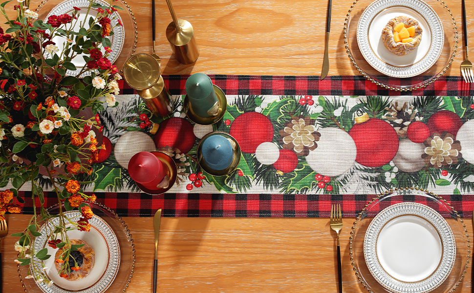 Christmas Table Runner, 13 x 72 Inch Red Black Buffalo Plaid Xmas Balls Holly