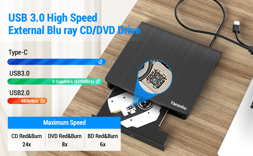 Yaeonku External Blu Ray CD DVD Drive, USB 3.0 TypeC 3D Bluray CD DVD