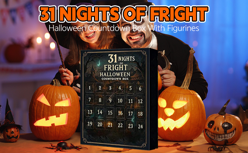 Text reads '31 NIGHTS OF FRIGHT'. Halloween-themed calendar display with illuminated jack-o'-lanterns in spooky orange setting.