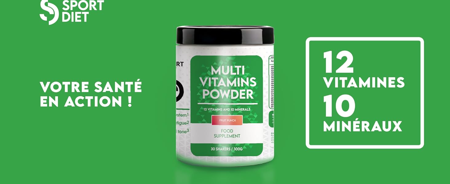 Le texte se lit comme suit : « VOTRE SANTÉ EN ACTION ! » L'emballage du produit de complément de remise en forme vert montre « 12 MINÉRAUX » et « VITAMINES » avec des icônes blanches sur fond vert.