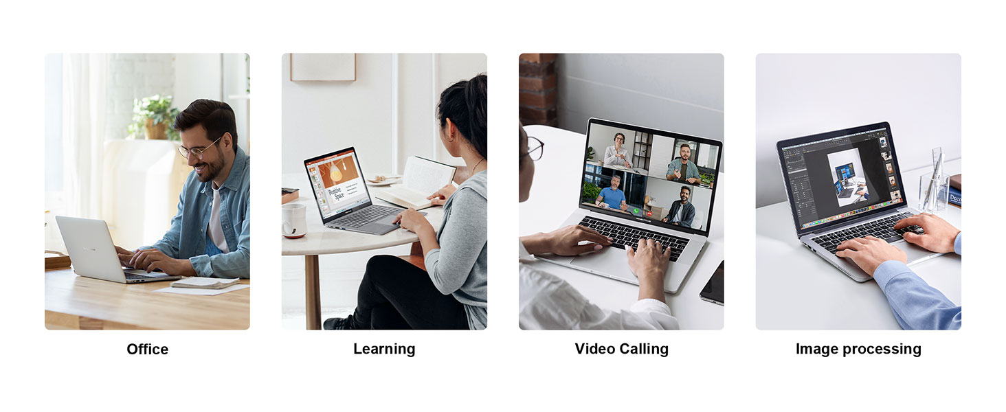 Series of images showing various office and learning scenarios, including video calls, computer work, and image processing activities.