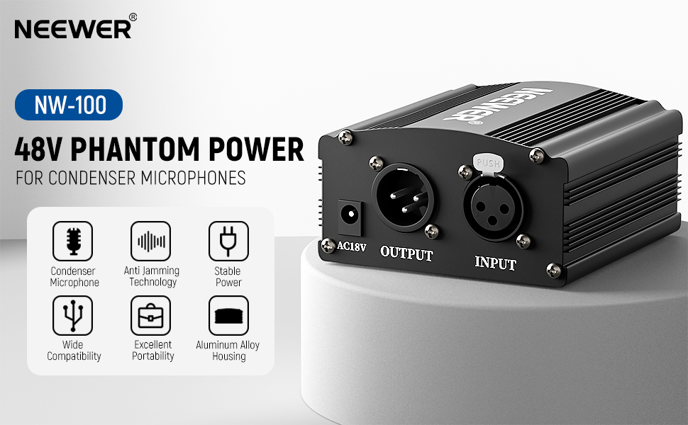 Neewer 1 Channel 48V Phantom Power Supply with Adapter, Bonus+XLR 3 Pin