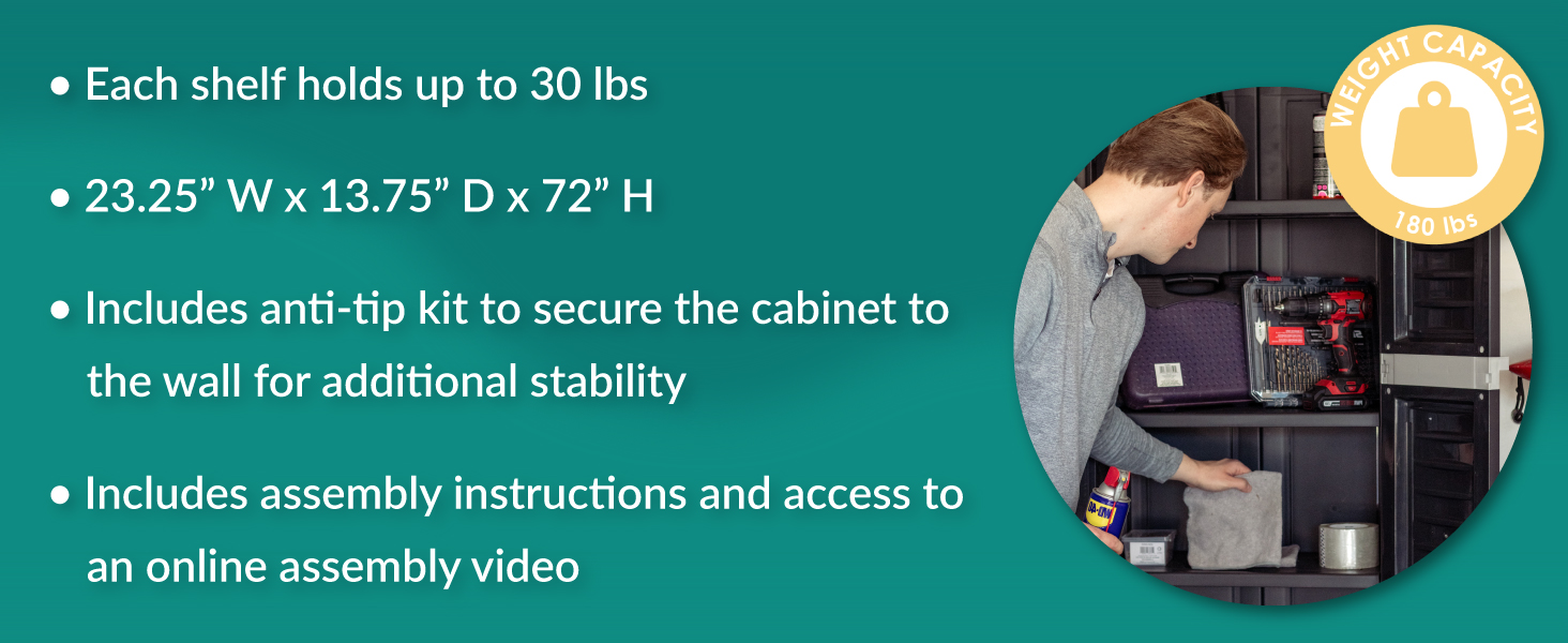 each shelf holds up to 30 lbs 180 lbs weight capacity includes instructions and access to video