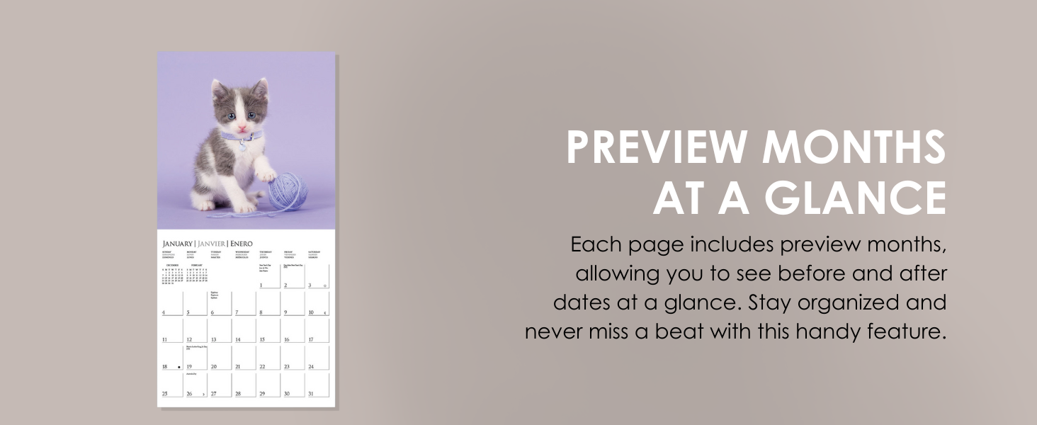 Monthly Preview Calendar Each page shows preview months so you can plan ahead and stay organized