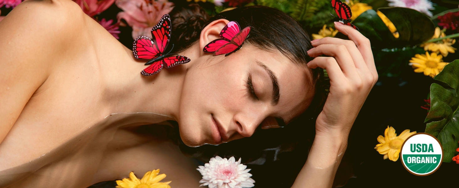 Serene woman reclining amidst a field of vibrant flowers, embodying natural beauty and tranquility