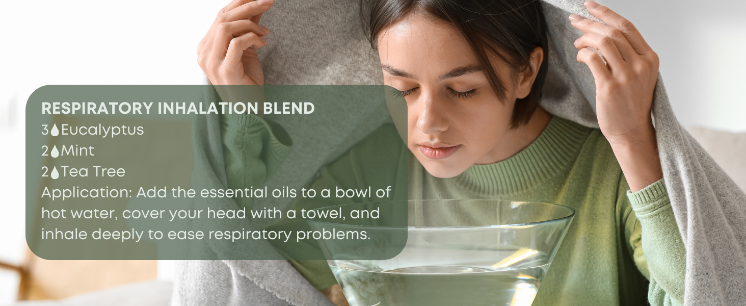 Respiratory inhalation blend with eucalyptus, mint and tea tree essential oil. Essences Bulgaria