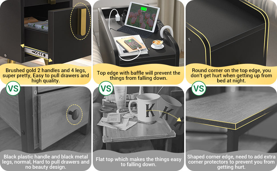 Cyclysio Narrow Nightstand with Charging Station, Slim