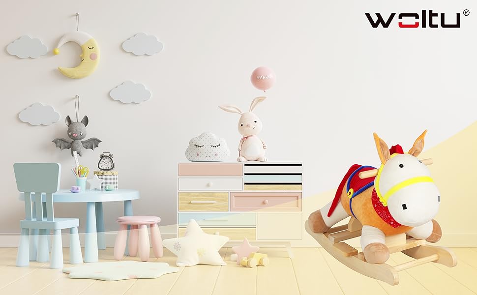 WOLTU Cavallo A Dondolo In Legno Unicorno Giocattolo Cavalcabile Per Bambini Bianco + Rosa 18 1