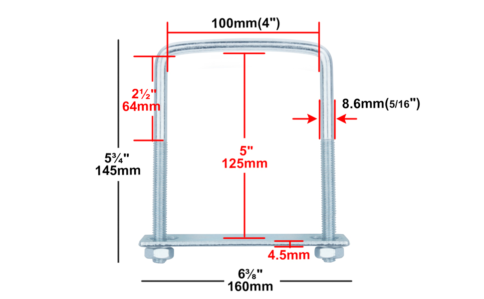 6 Pcs Square UBolts 4 Inches Wide,Zinc Electroplating Carbon Steel U Clamps,Inner Size 4" W x 5
