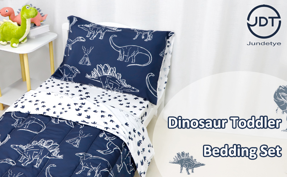 Jundetye 4 Pieces Dinosaur Toddler Bedding Set for Boys