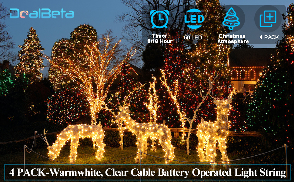 4 Pack Battery Christmas Light String 16.5Ft 50 LED Clear Wire Sting
