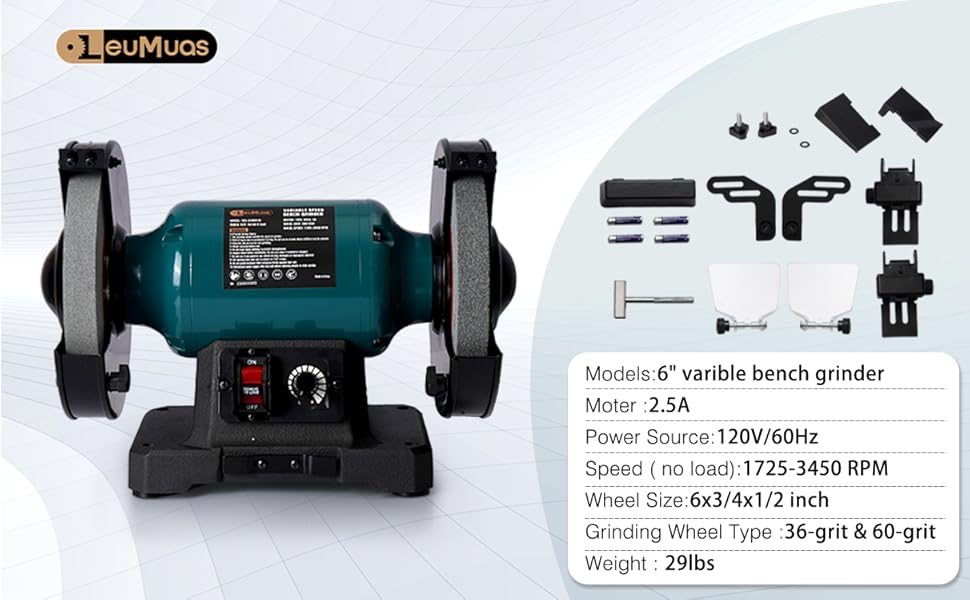 LeuMuas Bench Grinder, 6" Variable Speed Bench Grinder, 1/2 HP, Brushless Motor 17253450 RPM
