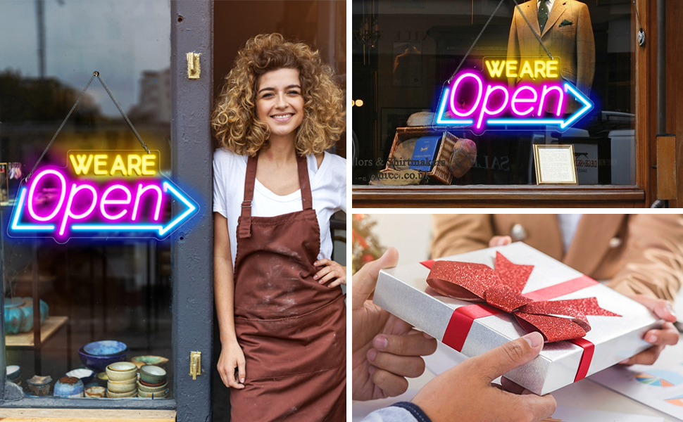 Collage showing bright neon 'We Are Open' signs in blue and pink illuminated in store windows, alongside a gift-wrapping scene.